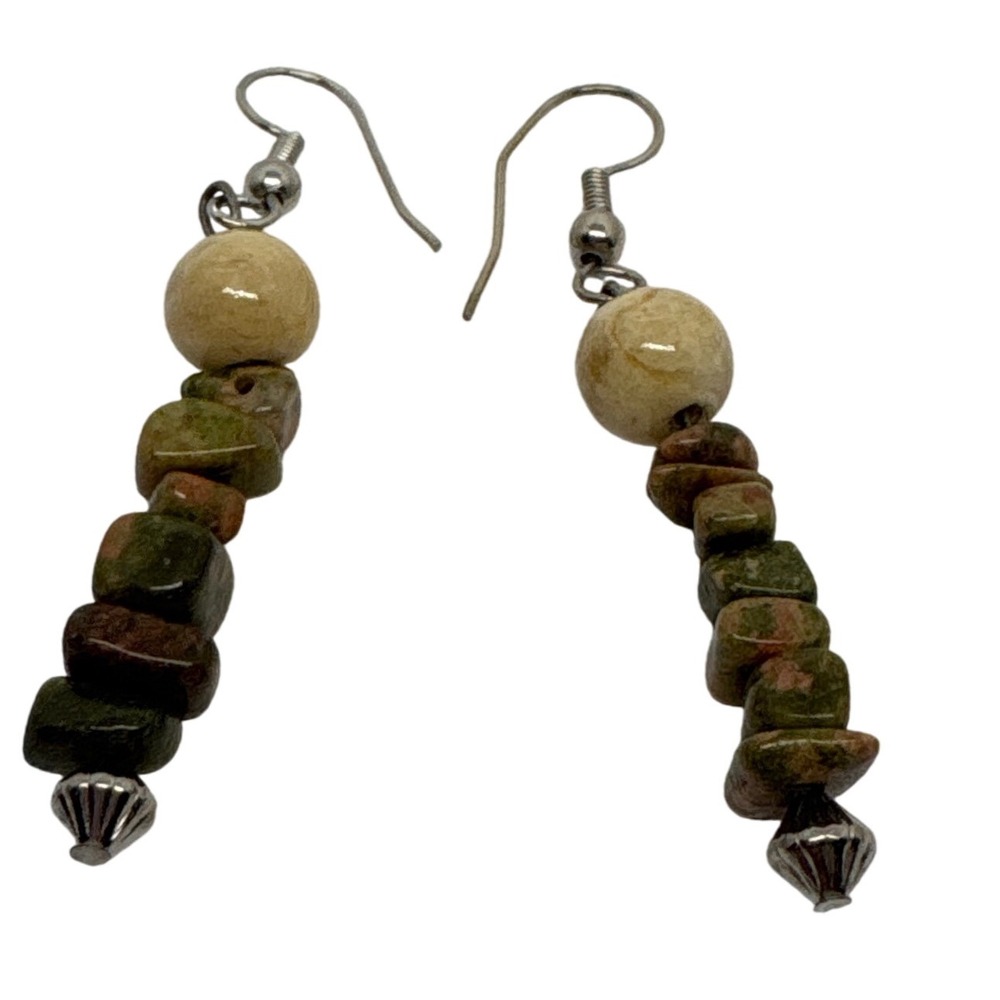Dangle Earrings with Gemstone Beads Silver Tone Boho Chic Jewelry Polished Rocks